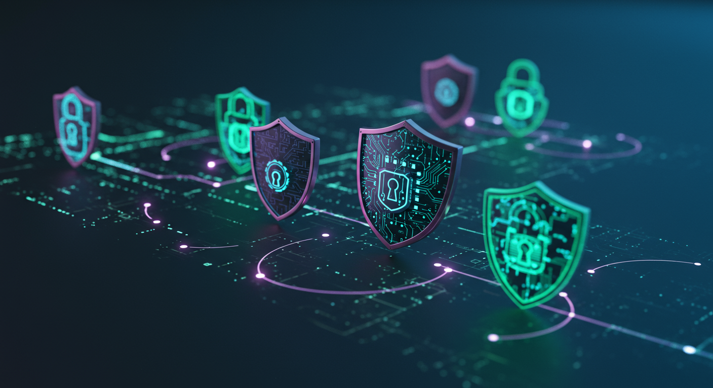 Abstract representation of GraphQL API security with shields and locks.